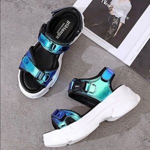 Blue reflective strappy platform sandal